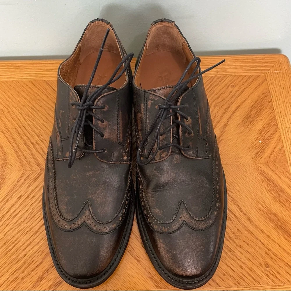 FRYE Paul Wingtip Men Leather Black Distressed Size 9